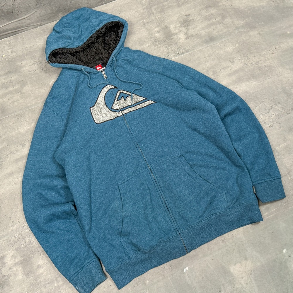 Y2K 00's Quiksilver Snake Skin Print Sherpa Sasquache Blue Full Zip Up Hoodie